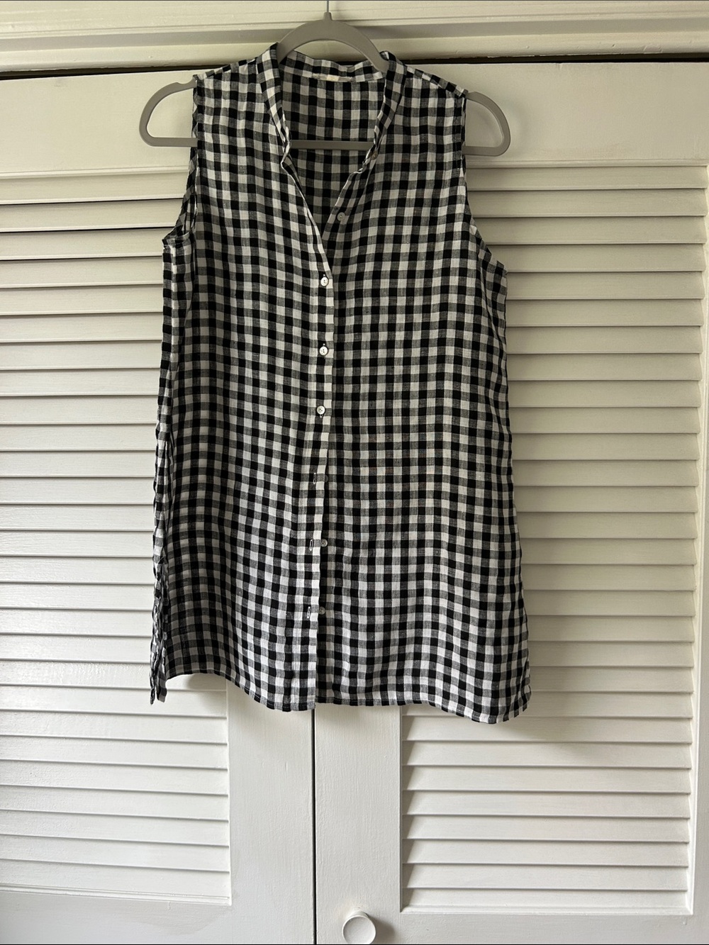 Eileen Fisher Black and White Gingham Sleeveless Button-Down dress